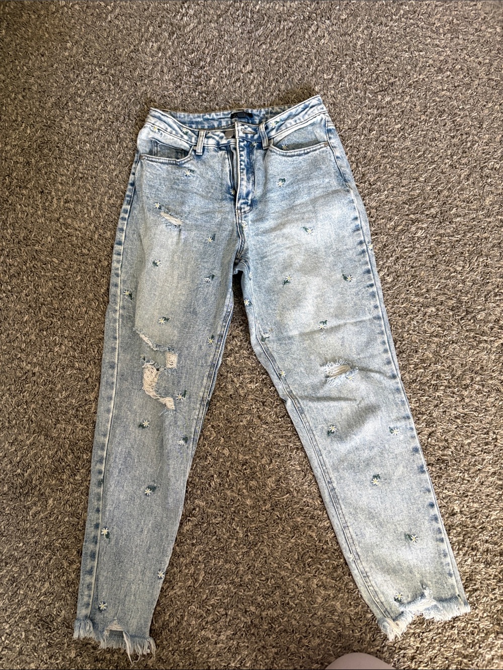 Material Girl Light Blue Distressed Boyfriend Jeans with Star Embroidery - Picture 1 of 3